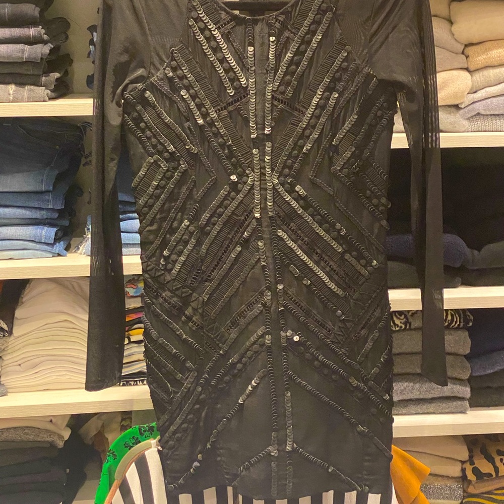 Parker Black Mesh and Sequin Long Sleeve Dress